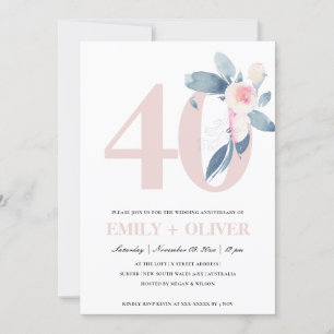 SOFT BLUSH BLUE FLORAL 40TH ANY YEAR ANNIVERSARY INVITATION