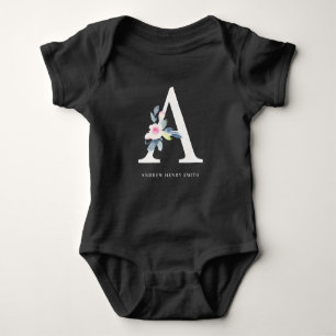 SOFT BLUSH BLUE FLORAL ALPHABETS NAME LETTER A BABY BODYSUIT