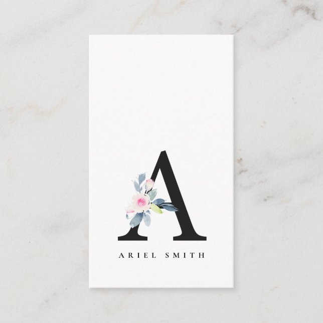 SOFT BLUSH BLUE FLORAL ALPHABETS NAME LETTER A BUSINESS CARD (Front)