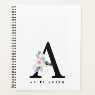 SOFT BLUSH BLUE FLORAL ALPHABETS NAME LETTER A PLANNER