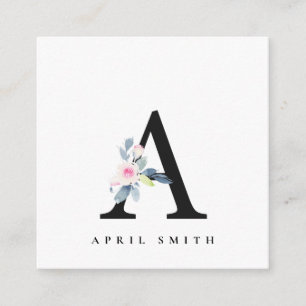 SOFT BLUSH BLUE FLORAL ALPHABETS NAME LETTER A SQUARE BUSINESS CARD
