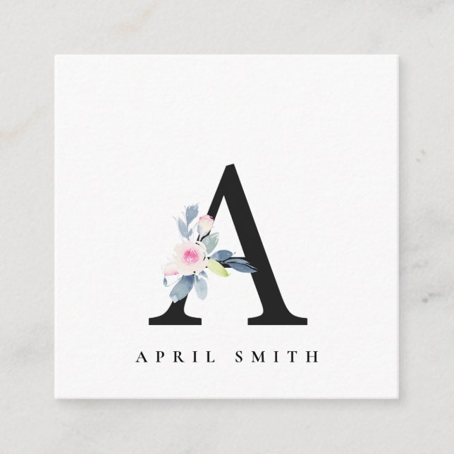 SOFT BLUSH BLUE FLORAL ALPHABETS NAME LETTER A SQUARE BUSINESS CARD (Front)