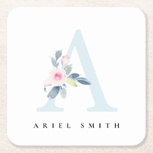 SOFT BLUSH BLUE FLORAL ALPHABETS NAME LETTER A SQUARE PAPER COASTER