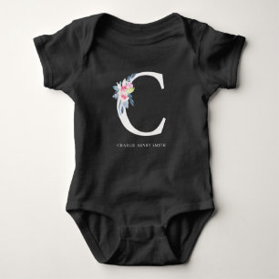 SOFT BLUSH BLUE FLORAL ALPHABETS NAME LETTER C BABY BODYSUIT