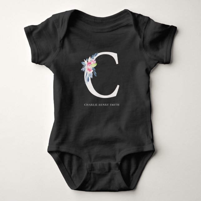 SOFT BLUSH BLUE FLORAL ALPHABETS NAME LETTER C BABY BODYSUIT (Front)