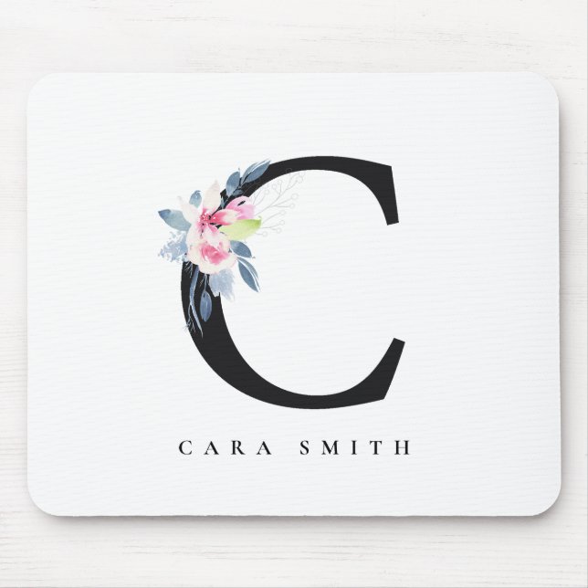 SOFT BLUSH BLUE FLORAL ALPHABETS NAME LETTER C MOUSE PAD (Front)