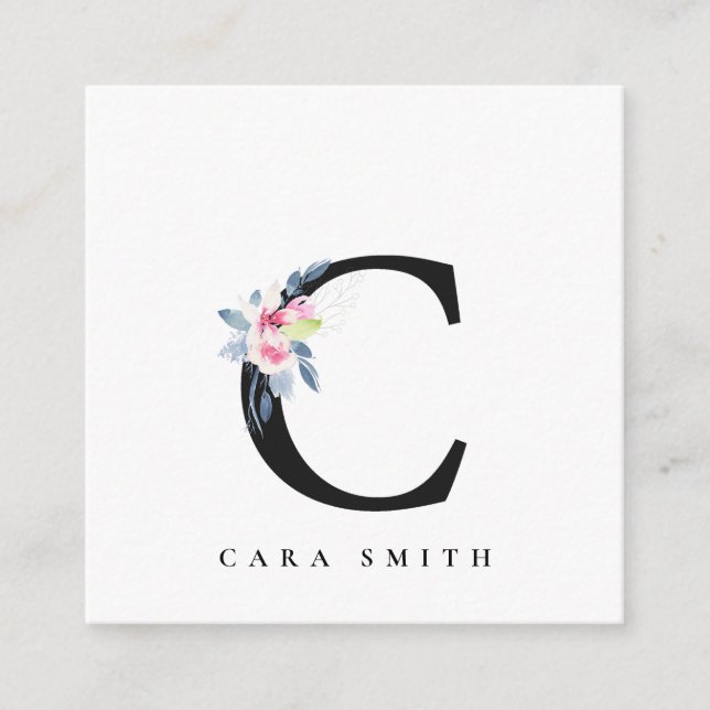 SOFT BLUSH BLUE FLORAL ALPHABETS NAME LETTER C SQUARE BUSINESS CARD (Front)