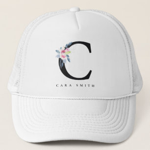 SOFT BLUSH BLUE FLORAL ALPHABETS NAME LETTER C TRUCKER HAT