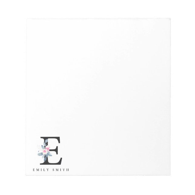 SOFT BLUSH BLUE FLORAL ALPHABETS NAME LETTER E NOTEPAD (Front)