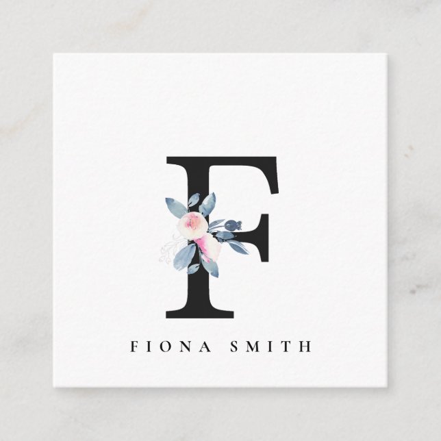 SOFT BLUSH BLUE FLORAL ALPHABETS NAME LETTER F SQUARE BUSINESS CARD (Front)