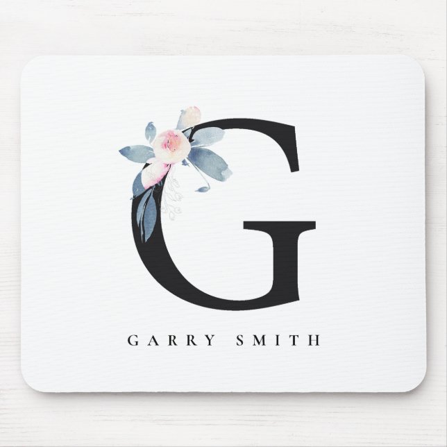 SOFT BLUSH BLUE FLORAL ALPHABETS NAME LETTER G MOUSE PAD (Front)