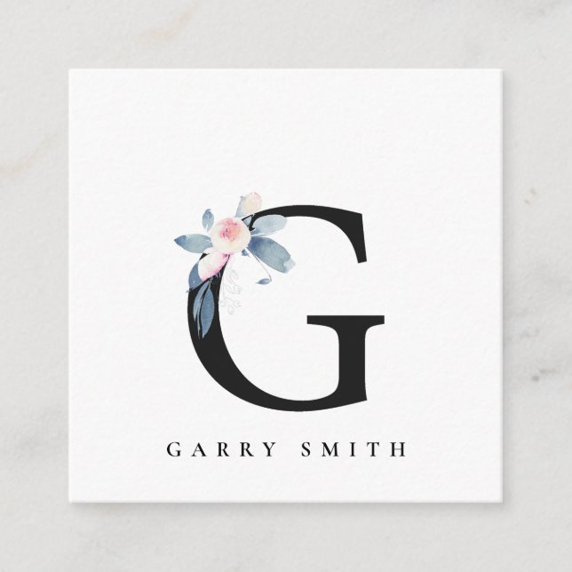 SOFT BLUSH BLUE FLORAL ALPHABETS NAME LETTER G SQUARE BUSINESS CARD (Front)