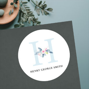 SOFT BLUSH BLUE FLORAL ALPHABETS NAME LETTER H CLASSIC ROUND STICKER