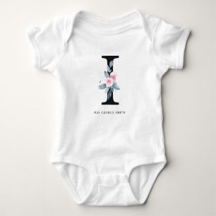 SOFT BLUSH BLUE FLORAL ALPHABETS NAME LETTER I BABY BODYSUIT