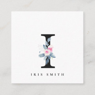 SOFT BLUSH BLUE FLORAL ALPHABETS NAME LETTER I SQUARE BUSINESS CARD