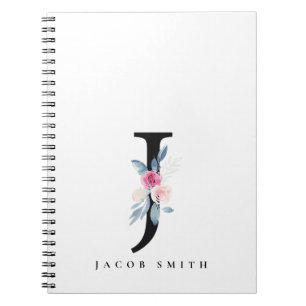 SOFT BLUSH BLUE FLORAL ALPHABETS NAME LETTER J NOTEBOOK