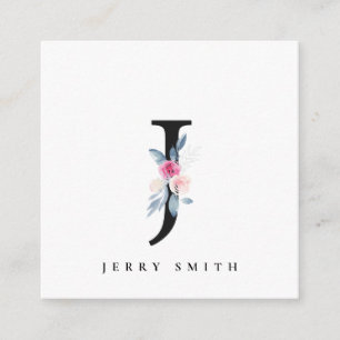 SOFT BLUSH BLUE FLORAL ALPHABETS NAME LETTER J SQUARE BUSINESS CARD