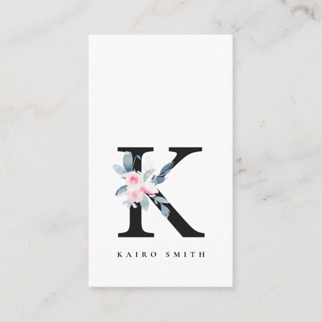 SOFT BLUSH BLUE FLORAL ALPHABETS NAME LETTER K BUSINESS CARD (Front)