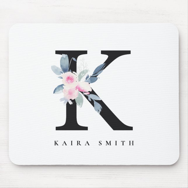 SOFT BLUSH BLUE FLORAL ALPHABETS NAME LETTER K MOUSE PAD (Front)