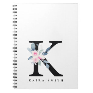 SOFT BLUSH BLUE FLORAL ALPHABETS NAME LETTER K NOTEBOOK