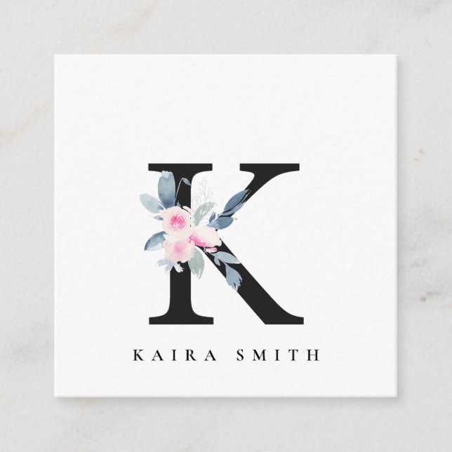 SOFT BLUSH BLUE FLORAL ALPHABETS NAME LETTER K SQUARE BUSINESS CARD (Front)