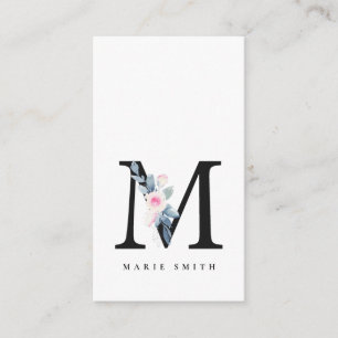 SOFT BLUSH BLUE FLORAL ALPHABETS NAME LETTER M BUSINESS CARD