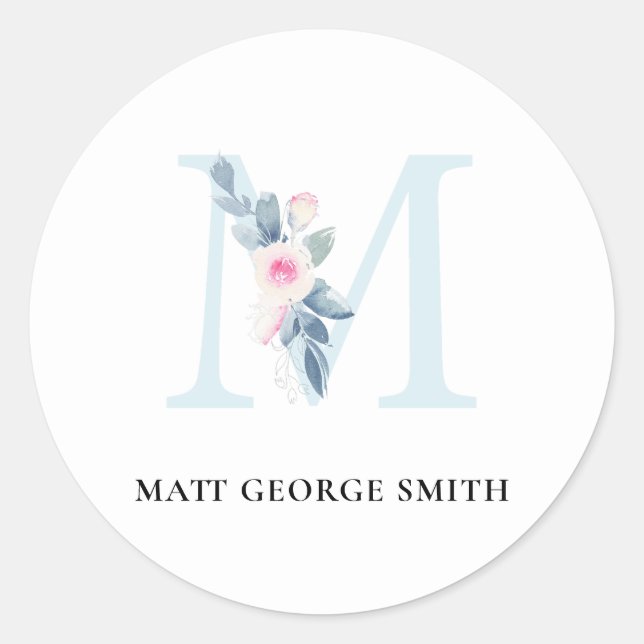SOFT BLUSH BLUE FLORAL ALPHABETS NAME LETTER M CLASSIC ROUND STICKER (Front)