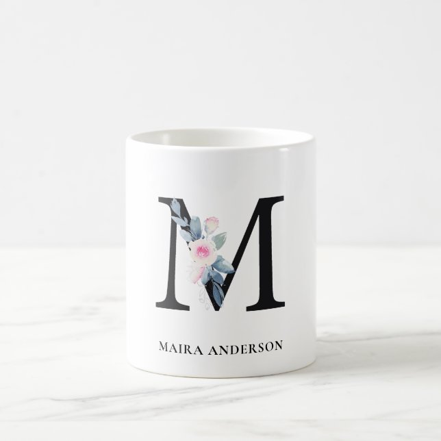 SOFT BLUSH BLUE FLORAL ALPHABETS NAME LETTER M COFFEE MUG (Center)