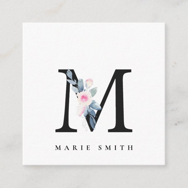 SOFT BLUSH BLUE FLORAL ALPHABETS NAME LETTER M SQUARE BUSINESS CARD (Front)