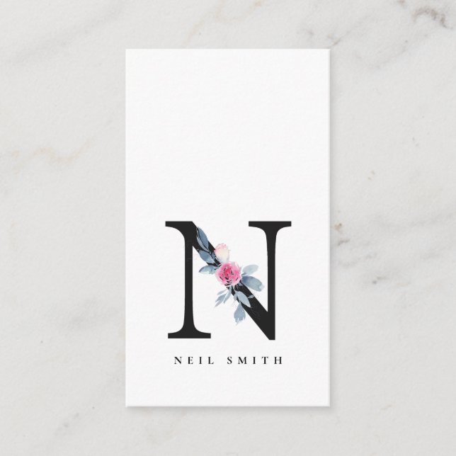 SOFT BLUSH BLUE FLORAL ALPHABETS NAME LETTER N BUSINESS CARD (Front)