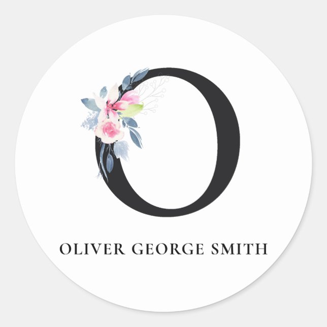 SOFT BLUSH BLUE FLORAL ALPHABETS NAME LETTER O CLASSIC ROUND STICKER (Front)