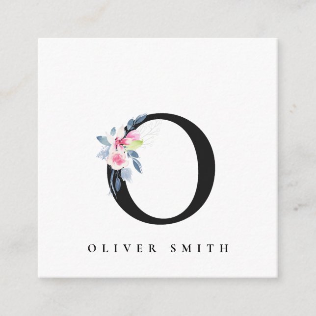 SOFT BLUSH BLUE FLORAL ALPHABETS NAME LETTER O SQUARE BUSINESS CARD (Front)
