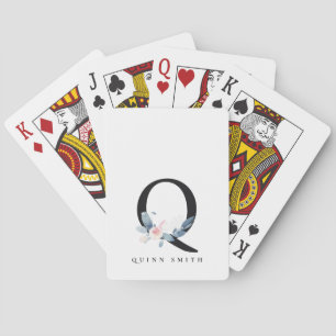 SOFT BLUSH BLUE FLORAL ALPHABETS NAME LETTER Q PLAYING CARDS