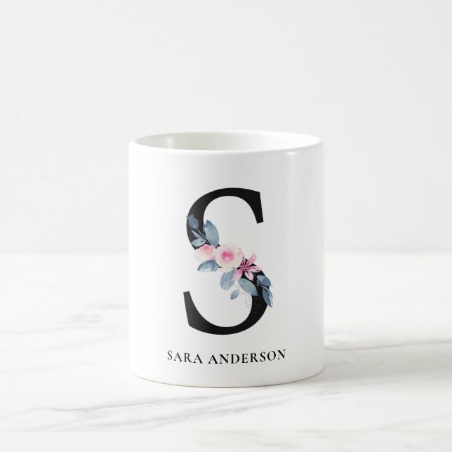 SOFT BLUSH BLUE FLORAL ALPHABETS NAME LETTER S COFFEE MUG (Center)