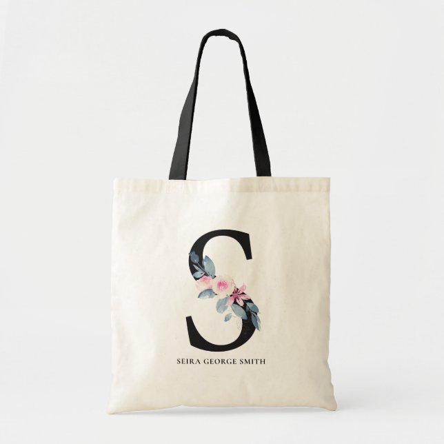 SOFT BLUSH BLUE FLORAL ALPHABETS NAME LETTER S TOTE BAG (Front)