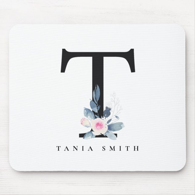 SOFT BLUSH BLUE FLORAL ALPHABETS NAME LETTER T MOUSE PAD (Front)
