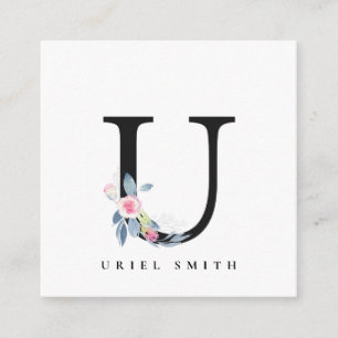 SOFT BLUSH BLUE FLORAL ALPHABETS NAME LETTER U SQUARE BUSINESS CARD