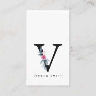 SOFT BLUSH BLUE FLORAL ALPHABETS NAME LETTER V BUSINESS CARD