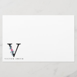 SOFT BLUSH BLUE FLORAL ALPHABETS NAME LETTER V STATIONERY