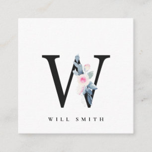 SOFT BLUSH BLUE FLORAL ALPHABETS NAME LETTER W SQUARE BUSINESS CARD