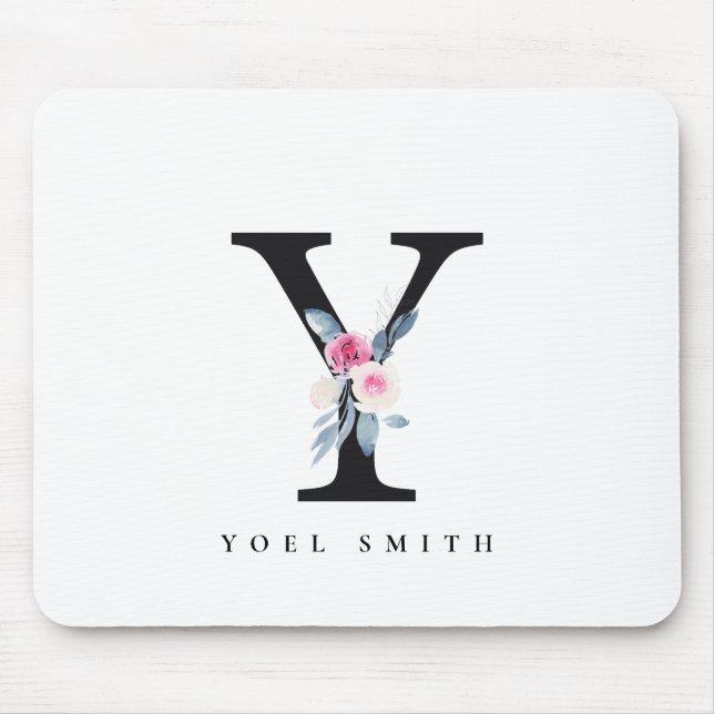 SOFT BLUSH BLUE FLORAL ALPHABETS NAME LETTER Y MOUSE PAD (Front)