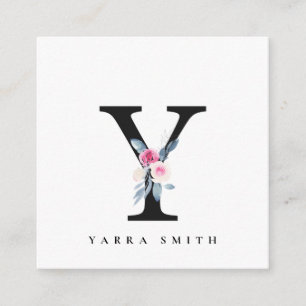 SOFT BLUSH BLUE FLORAL ALPHABETS NAME LETTER Y SQUARE BUSINESS CARD