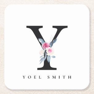 SOFT BLUSH BLUE FLORAL ALPHABETS NAME LETTER Y SQUARE PAPER COASTER