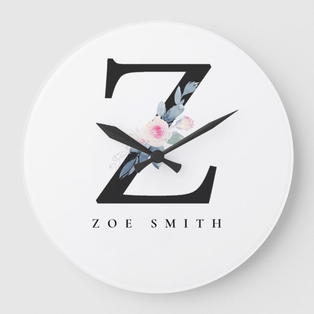 SOFT BLUSH BLUE FLORAL ALPHABETS NAME LETTER Z LARGE CLOCK (Front)