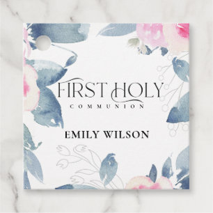 SOFT BLUSH BLUE FLORAL FRAME FIRST HOLY COMMUNION FAVOUR TAGS