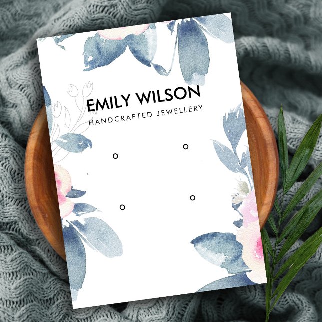 SOFT BLUSH BLUE FLORAL TWO EARRING DISPLAY LOGO BUSINESS CARD (Creator Uploaded)