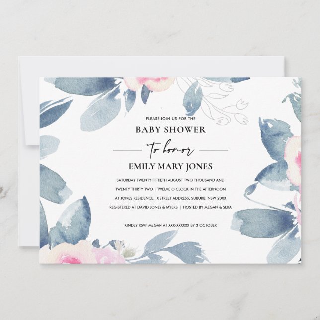 SOFT BLUSH BLUE FLORAL WATERCOLOR  BABY SHOWER INVITATION (Front)