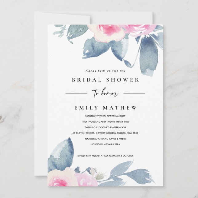 SOFT BLUSH BLUE FLORAL WATERCOLOR BRIDAL SHOWER INVITATION (Front)