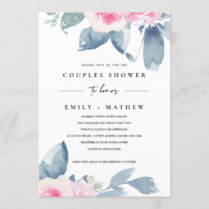 SOFT BLUSH BLUE FLORAL WATERCOLOR COUPLES SHOWER INVITATION