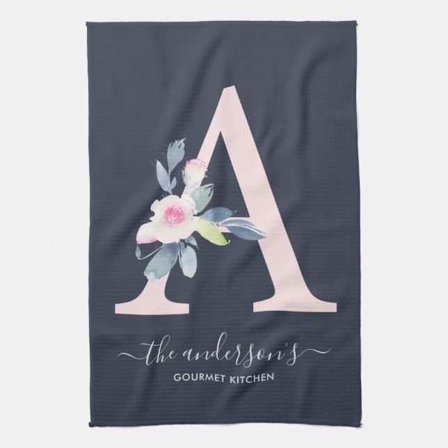 SOFT BLUSH BLUE NAVY FLORAL ALPHABETS LETTER A TEA TOWEL (Vertical)